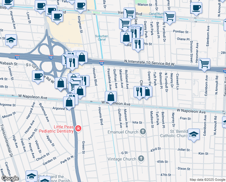 map of restaurants, bars, coffee shops, grocery stores, and more near 2304 Giuffrias Avenue in Metairie