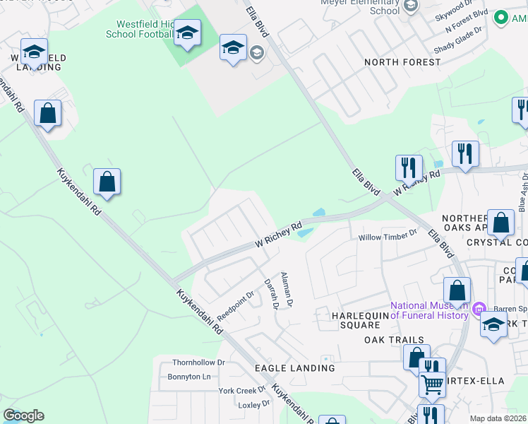 map of restaurants, bars, coffee shops, grocery stores, and more near 14538 Northern Mountain Court in Houston