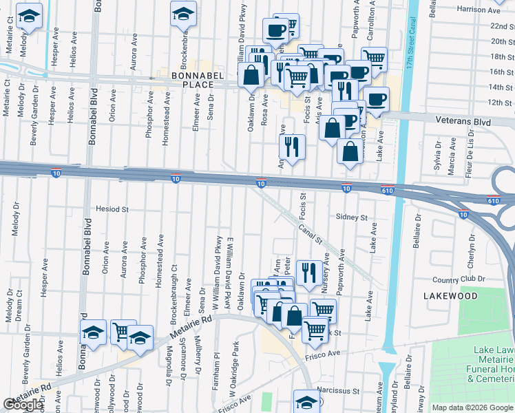 map of restaurants, bars, coffee shops, grocery stores, and more near 445 Rosa Avenue in Metairie