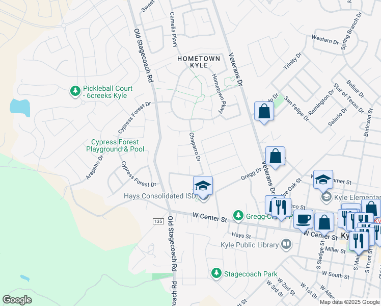 map of restaurants, bars, coffee shops, grocery stores, and more near 160 Beargrass Drive in Kyle