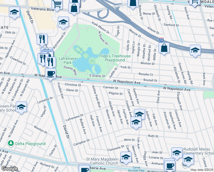 map of restaurants, bars, coffee shops, grocery stores, and more near 6609 Carmen Street in Metairie