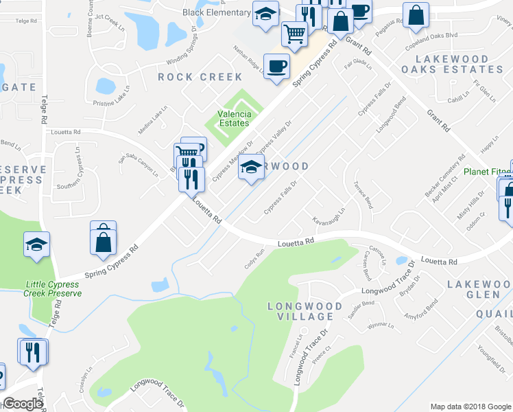 map of restaurants, bars, coffee shops, grocery stores, and more near 14711 Cypress Green Drive in Cypress