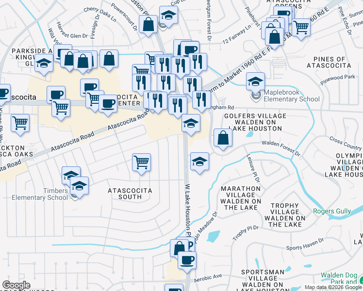 map of restaurants, bars, coffee shops, grocery stores, and more near 19120 West Lake Houston Parkway in Humble