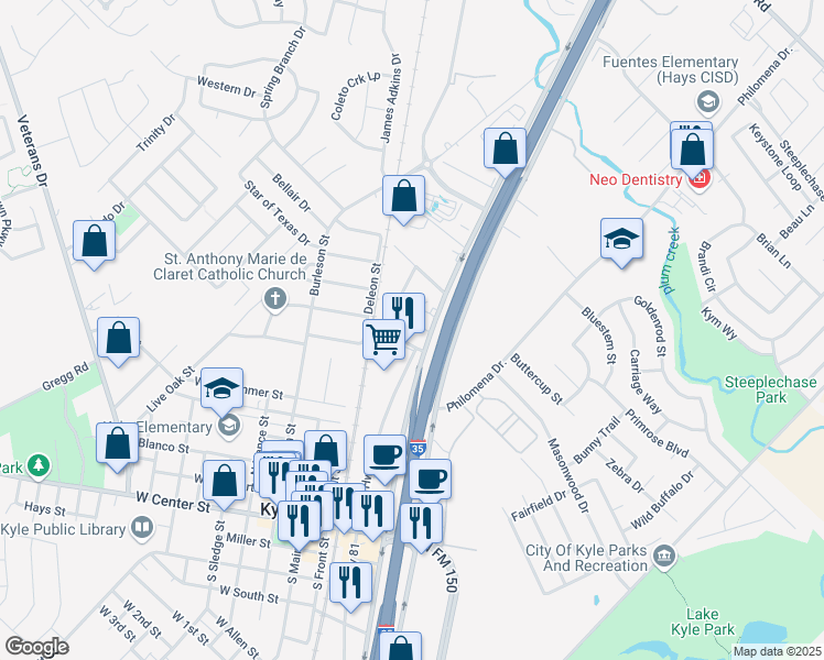 map of restaurants, bars, coffee shops, grocery stores, and more near 803 North Old Highway 81 in Kyle