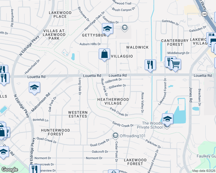 map of restaurants, bars, coffee shops, grocery stores, and more near 11915 Hillbrook Drive in Houston