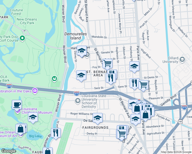 map of restaurants, bars, coffee shops, grocery stores, and more near 1268 Milton Street in New Orleans