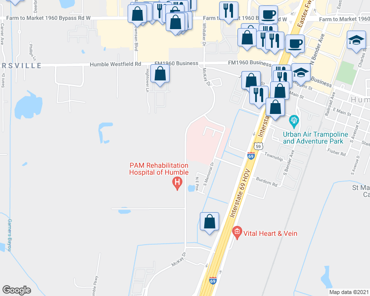 map of restaurants, bars, coffee shops, grocery stores, and more near 19105 McKay Boulevard in Humble