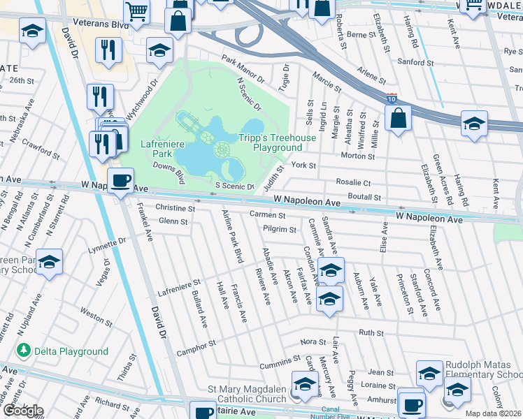 map of restaurants, bars, coffee shops, grocery stores, and more near 6609 Carmen Street in Metairie