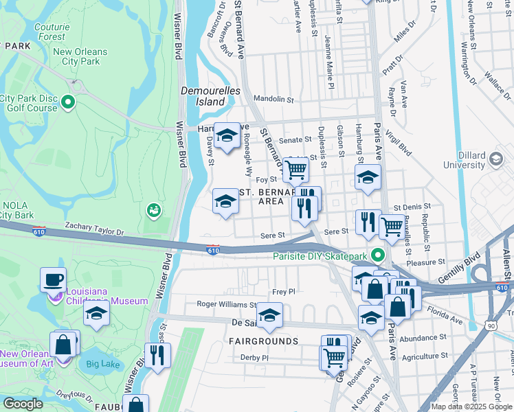 map of restaurants, bars, coffee shops, grocery stores, and more near 1268 Milton Street in New Orleans
