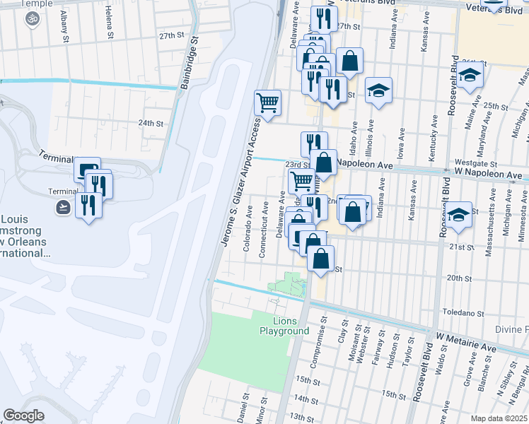 map of restaurants, bars, coffee shops, grocery stores, and more near 2132 Connecticut Avenue in Kenner