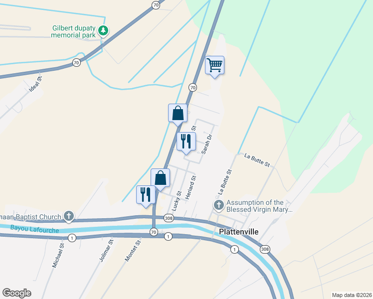 map of restaurants, bars, coffee shops, grocery stores, and more near 130-138 Paula Street in Assumption
