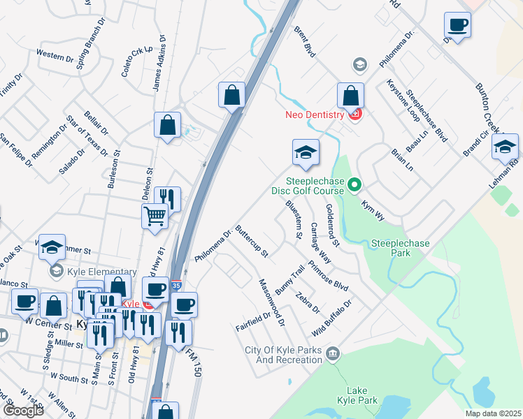 map of restaurants, bars, coffee shops, grocery stores, and more near 401 Philomena Drive in Kyle