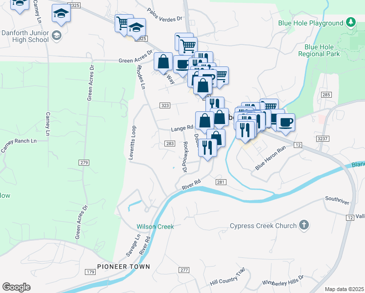 map of restaurants, bars, coffee shops, grocery stores, and more near 301 Rockwood Drive in Wimberley