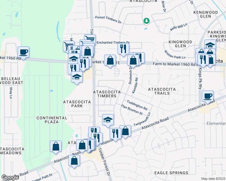 map of restaurants, bars, coffee shops, grocery stores, and more near 18823 Timber Spring Drive in Humble