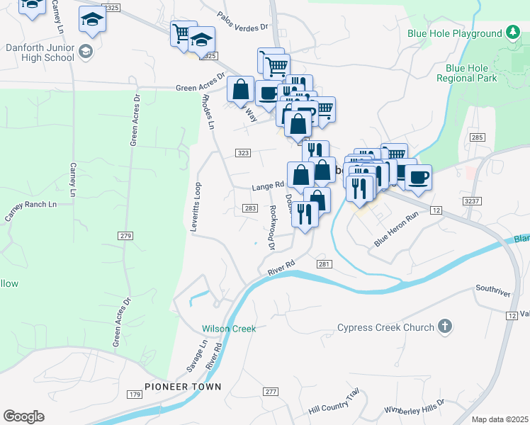 map of restaurants, bars, coffee shops, grocery stores, and more near 301 Rockwood Drive in Wimberley