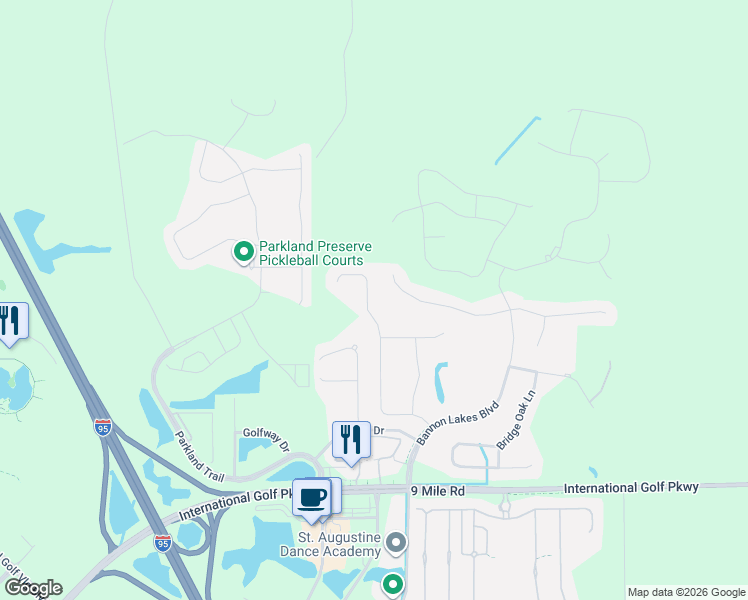 map of restaurants, bars, coffee shops, grocery stores, and more near 466 Bluejack Lane in St. Augustine