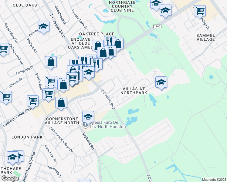 map of restaurants, bars, coffee shops, grocery stores, and more near 1 Cornerstone Park Drive in Houston