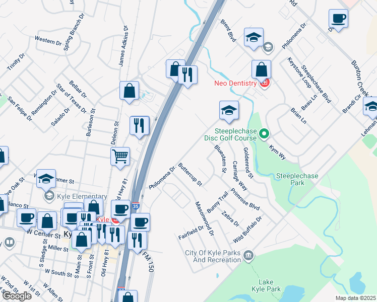 map of restaurants, bars, coffee shops, grocery stores, and more near 451 Philomena Drive in Kyle