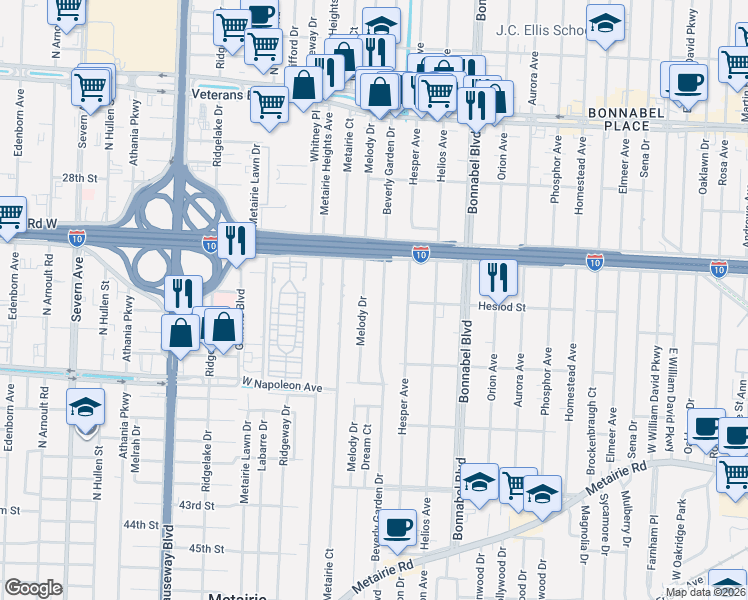 map of restaurants, bars, coffee shops, grocery stores, and more near 508 Beverly Garden Drive in Metairie