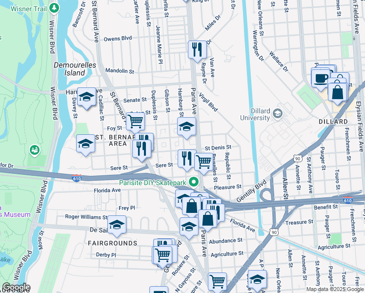map of restaurants, bars, coffee shops, grocery stores, and more near 3730 Hamburg Street in New Orleans