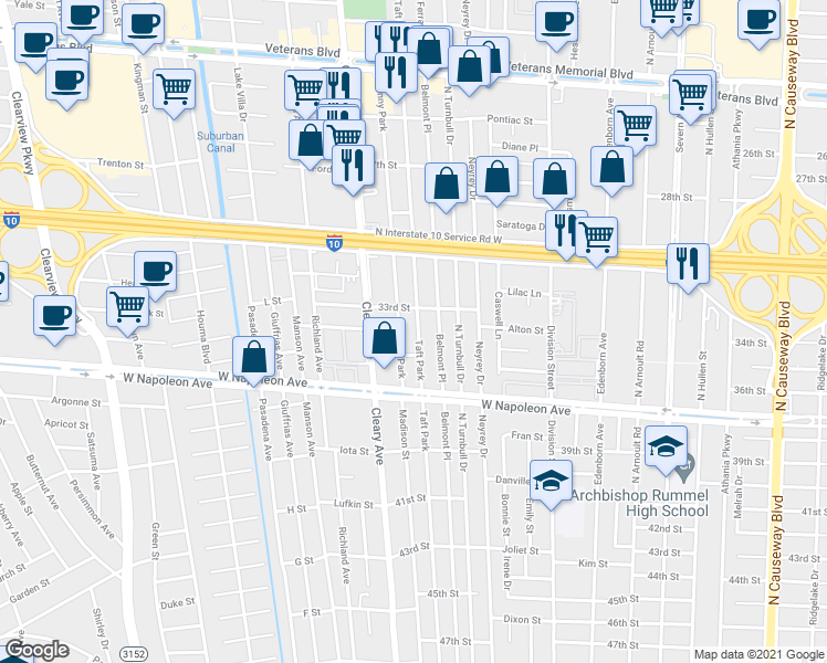 map of restaurants, bars, coffee shops, grocery stores, and more near 2220 Taft Park in Metairie