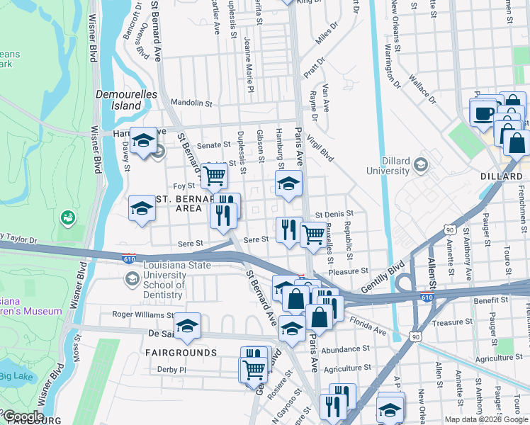 map of restaurants, bars, coffee shops, grocery stores, and more near 3730 Gibson Street in New Orleans