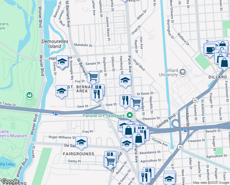 map of restaurants, bars, coffee shops, grocery stores, and more near 3730 Gibson Street in New Orleans