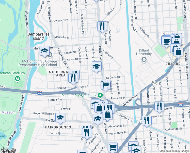 map of restaurants, bars, coffee shops, grocery stores, and more near 3730 Hamburg Street in New Orleans