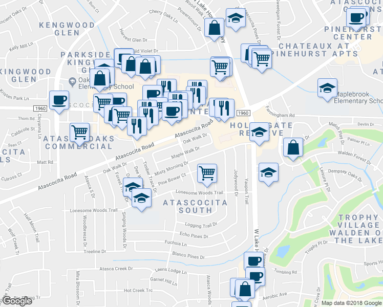 map of restaurants, bars, coffee shops, grocery stores, and more near 7310 Maple Walk Drive in Humble