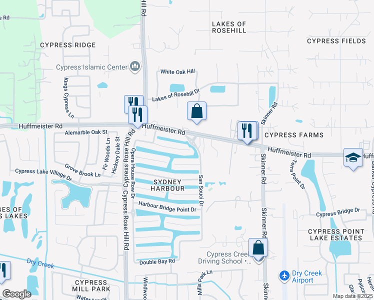 map of restaurants, bars, coffee shops, grocery stores, and more near 17810 Camp Cove Dr in Cypress