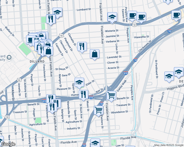 map of restaurants, bars, coffee shops, grocery stores, and more near 3618 Clematis Street in New Orleans