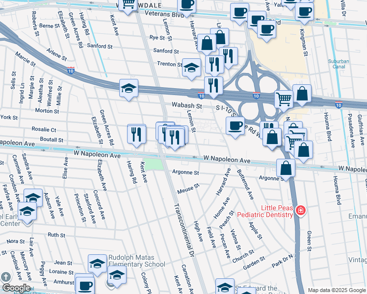 map of restaurants, bars, coffee shops, grocery stores, and more near 4916 Zenith Street in Metairie
