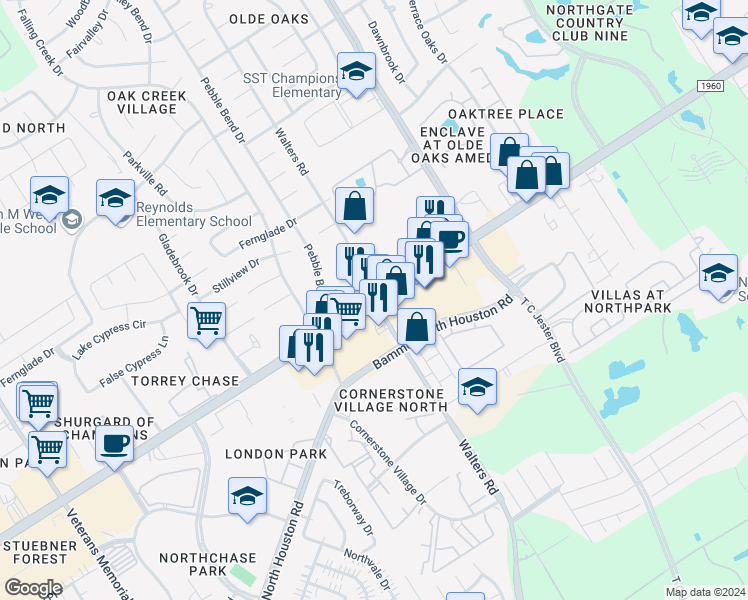 map of restaurants, bars, coffee shops, grocery stores, and more near Farm to Market 1960 Rd W & Walters Rd in Houston