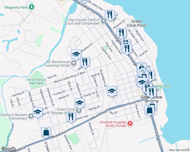 map of restaurants, bars, coffee shops, grocery stores, and more near 416 Harrison Street in Green Cove Springs