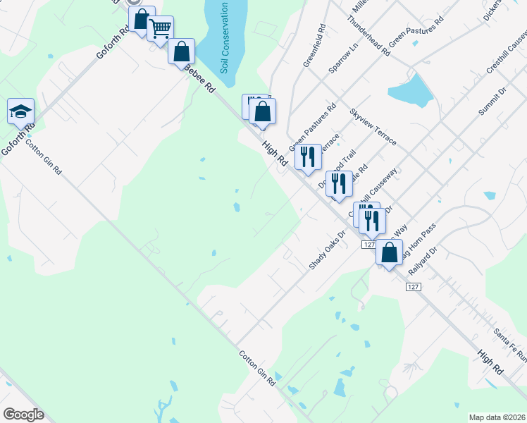 map of restaurants, bars, coffee shops, grocery stores, and more near 300 High Road in Kyle