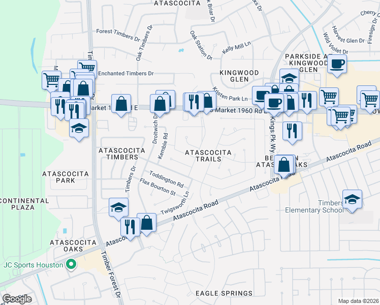 map of restaurants, bars, coffee shops, grocery stores, and more near 5819 Skewen Street in Humble