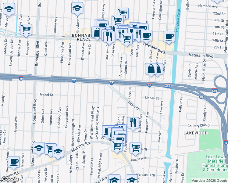 map of restaurants, bars, coffee shops, grocery stores, and more near 445 Rosa Avenue in Metairie