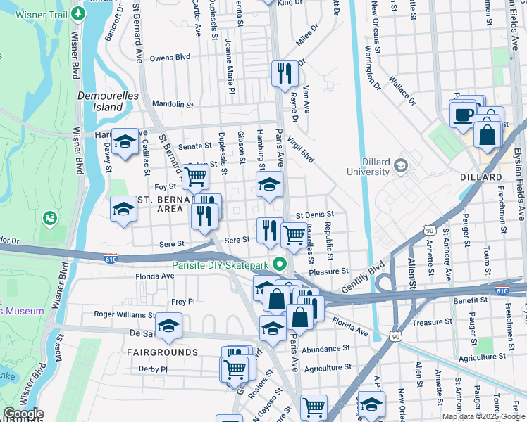 map of restaurants, bars, coffee shops, grocery stores, and more near 3734 Hamburg Street in New Orleans