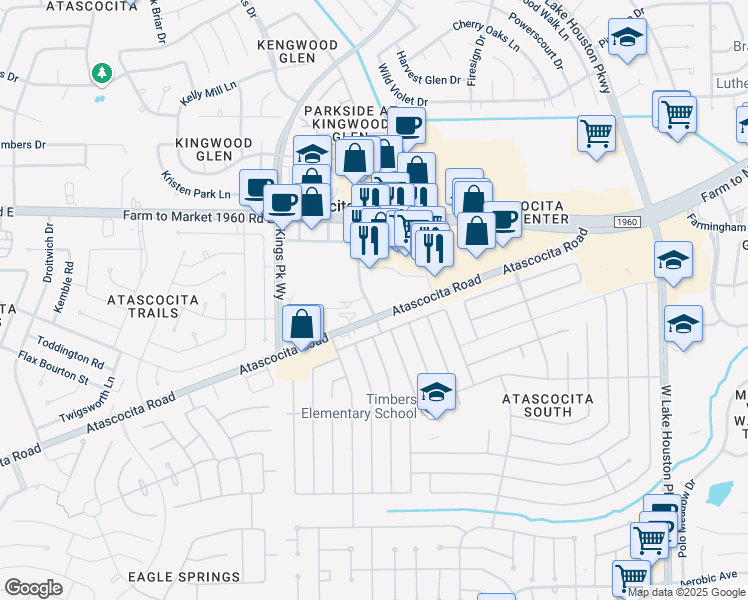 map of restaurants, bars, coffee shops, grocery stores, and more near 6909 Atascocita Rd in Humble