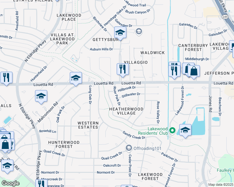 map of restaurants, bars, coffee shops, grocery stores, and more near 15119 River Park Drive in Houston