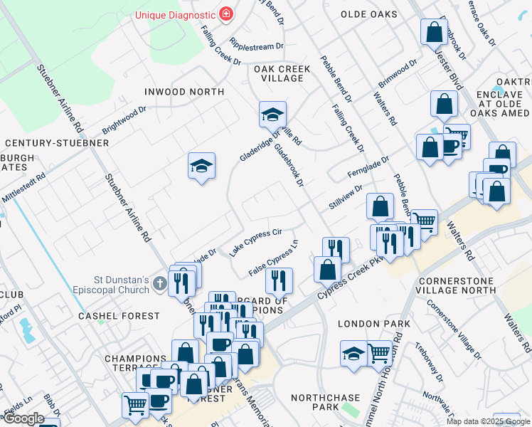 map of restaurants, bars, coffee shops, grocery stores, and more near 4086 Fernglade Drive in Houston
