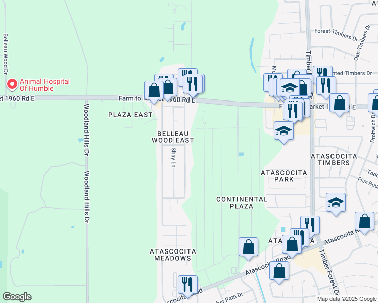 map of restaurants, bars, coffee shops, grocery stores, and more near 18838 Lakeshire Street in Humble