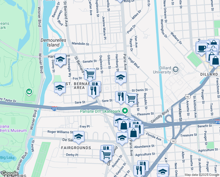 map of restaurants, bars, coffee shops, grocery stores, and more near 3732 Gibson Street in New Orleans