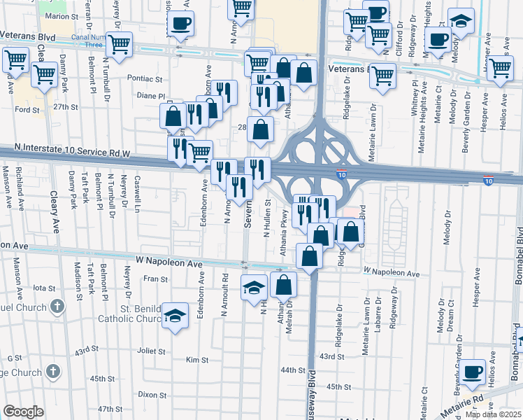 map of restaurants, bars, coffee shops, grocery stores, and more near 2324 North Hullen Street in Metairie