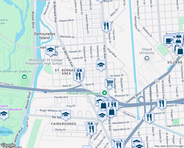 map of restaurants, bars, coffee shops, grocery stores, and more near 3732 Gibson Street in New Orleans