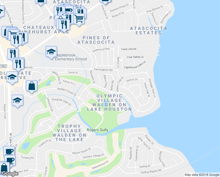 map of restaurants, bars, coffee shops, grocery stores, and more near 19107 Relay Road in Humble