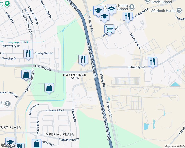 map of restaurants, bars, coffee shops, grocery stores, and more near 1960 East Richey Road in Houston
