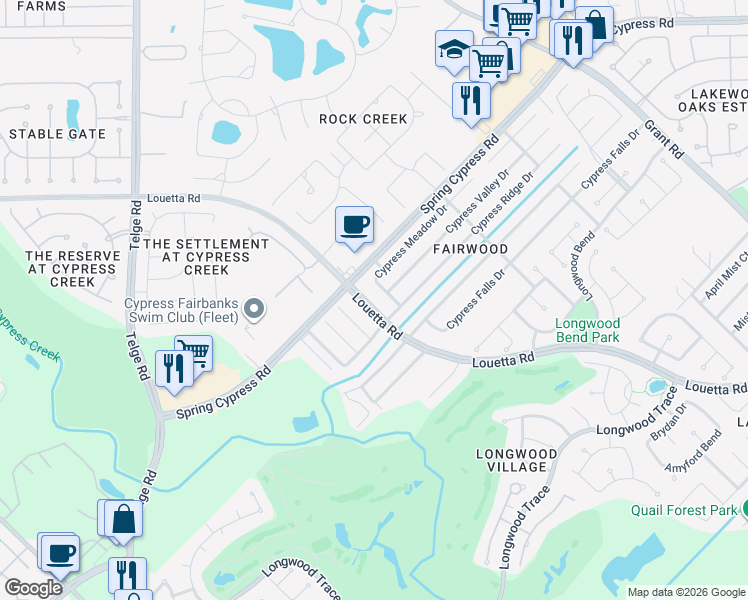 map of restaurants, bars, coffee shops, grocery stores, and more near 14506 Louetta Road in Cypress
