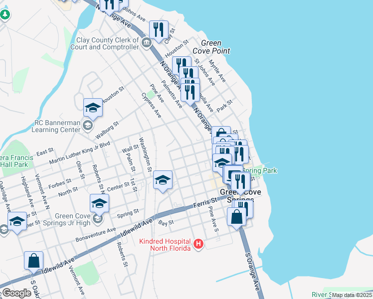 map of restaurants, bars, coffee shops, grocery stores, and more near in Green Cove Springs