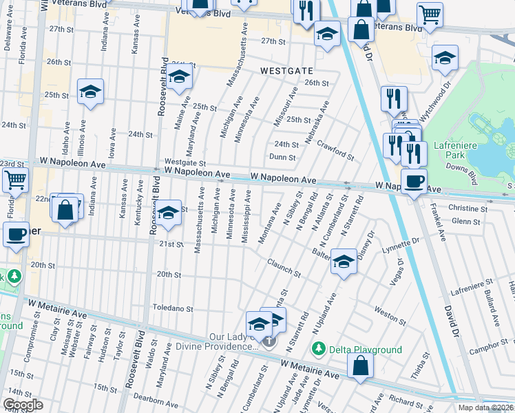 map of restaurants, bars, coffee shops, grocery stores, and more near 1717 Missouri Avenue in Kenner